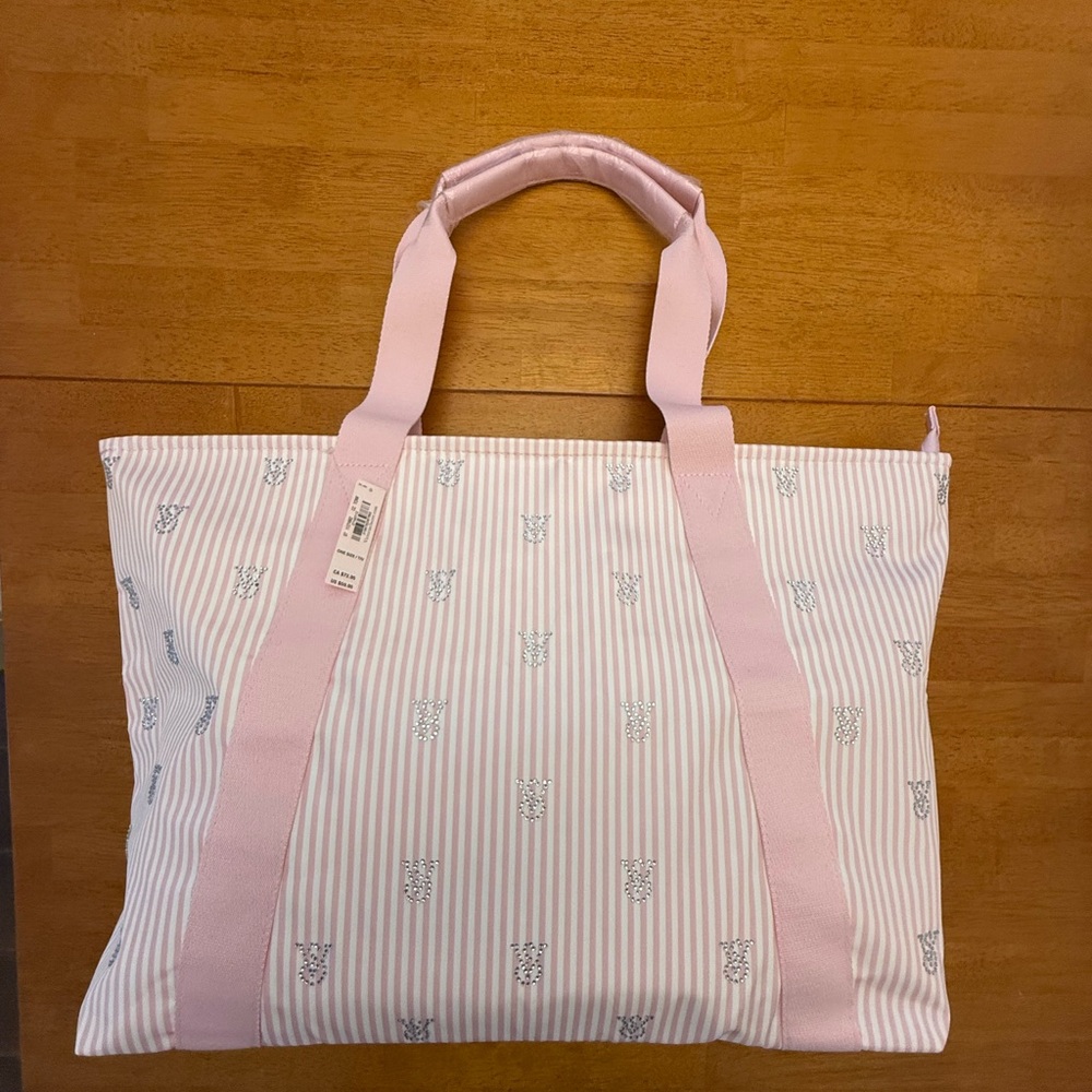 Victoria’s Secret - Pink Striped Zippered Nylon Tote Bag with Jewels